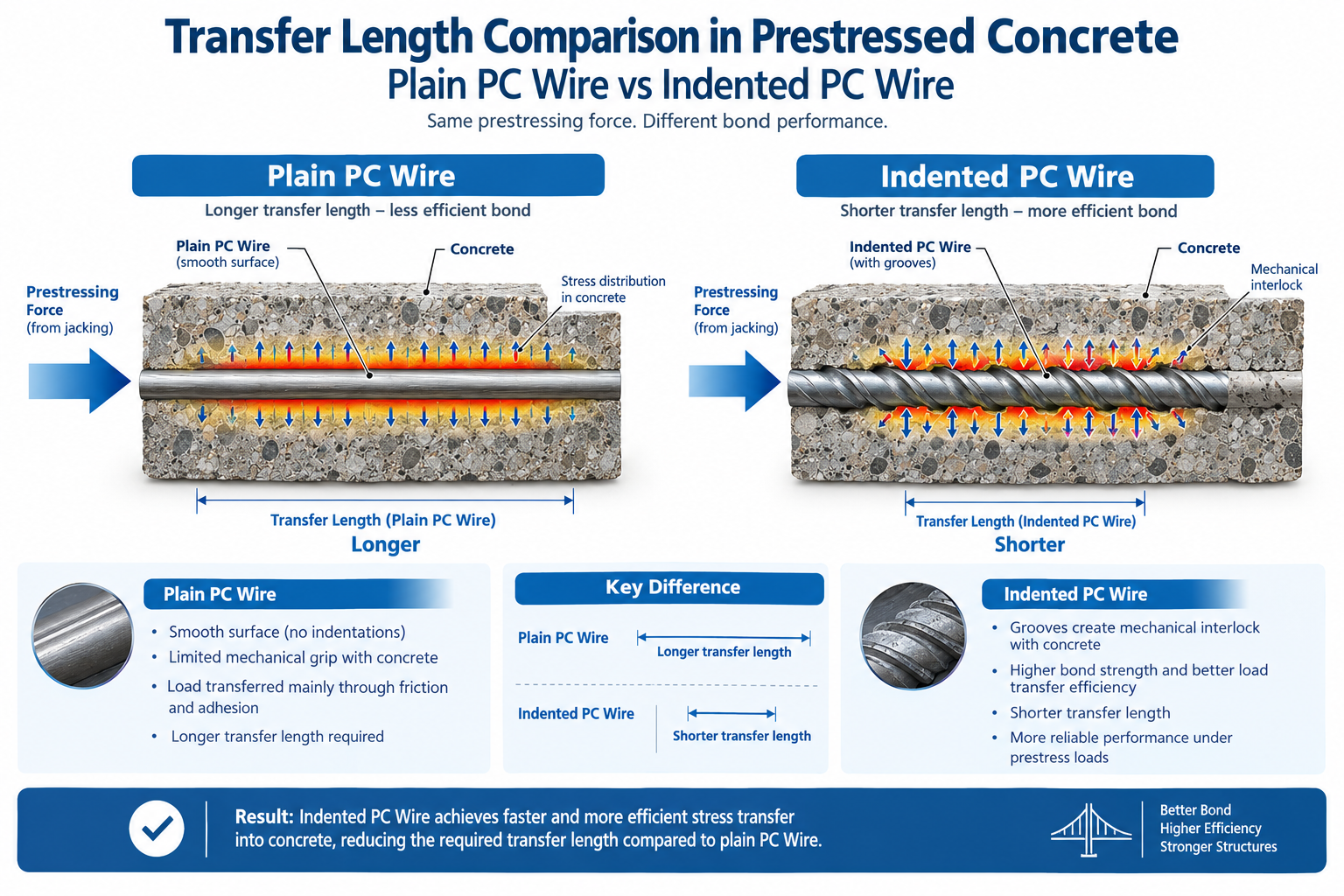 Plain and indented PC wire transfer length comparison Plain and indented PC wire transfer length comparison