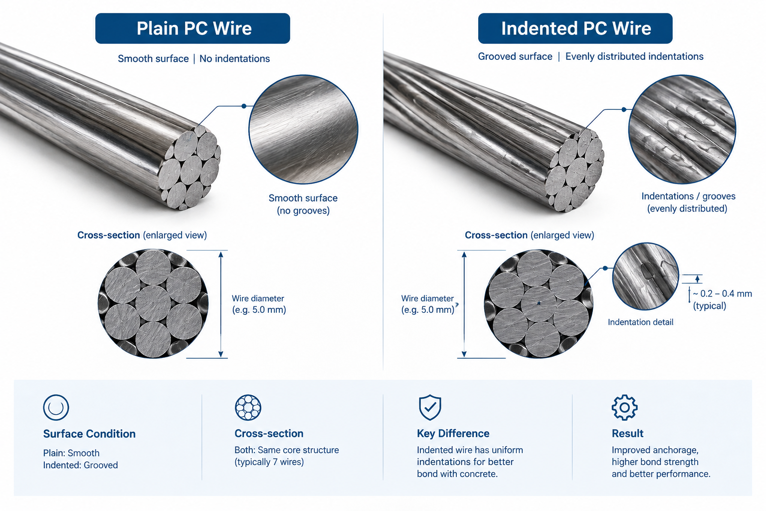 Plain PC Wire vs Indented PC Wire Comparison Plain PC Wire vs Indented PC Wire Comparison