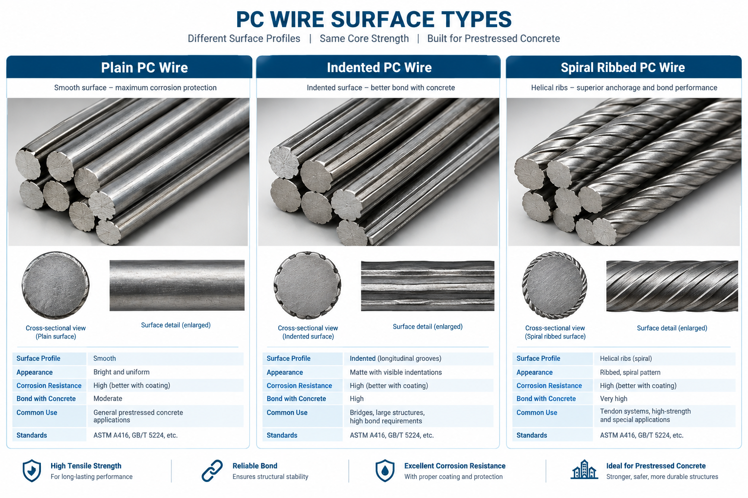 Plain, indented and spiral ribbed PC wire surface types