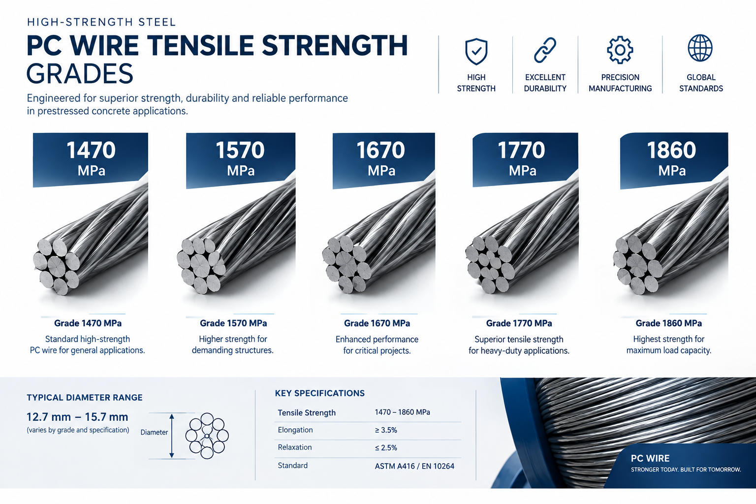 PC wire grades and tensile strength comparison